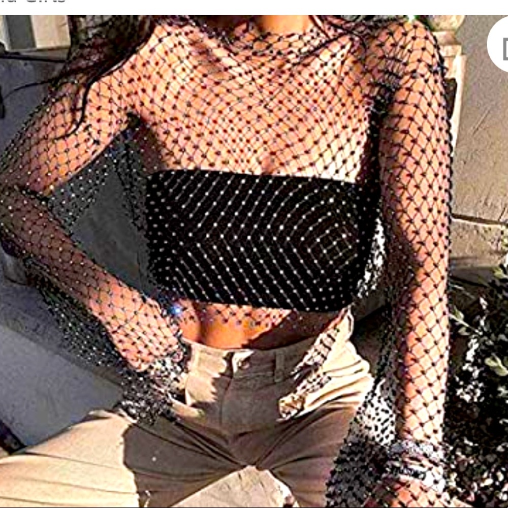 Rhinestone mesh long sleeve crop top